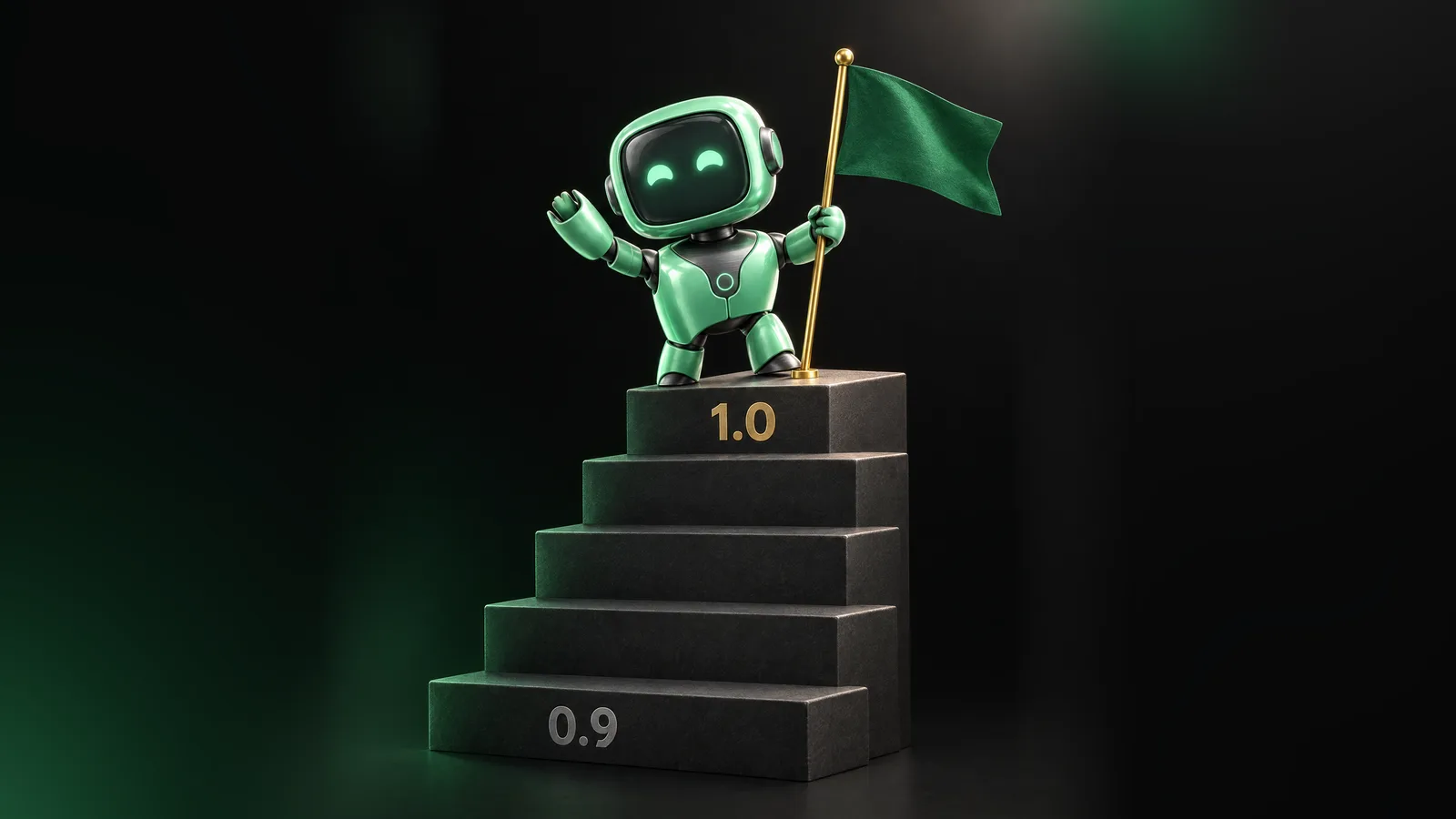 Pip, the Prop Firm Armour robot, plants a green flag on the top step, marked 1.0 in gold, of a staircase that starts at 0.9